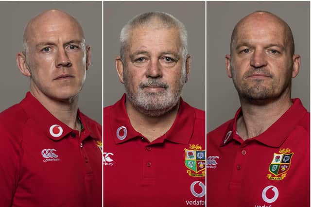 Lions head coach Warren Gatland, centre, will be assisted Scotland coaches Steve Tandy, left, and Gregor Townsend, right. Picture: Inpho