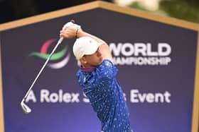 Tom McKibbin tees off on the fourth hole during the first round of the DP World Tour Championship on the Earth Course at Jumeirah Golf Estates in Dubai. Picture: Ross Kinnaird/Getty Images.