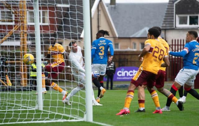 Motherwell defender Bevis Mugabi opens the scoring as he forces the ball beyond Rangers goalkeeper Allan McGregor from close range at Fir Park. (Photo by Craig Foy / SNS Group)