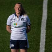 Scotland’s Siobhan Cattigan during the anthems before the Women's Six Nations match between Scotland and Italy at Scotstoun Stadium, on April 17, 2021, in Glasgow, Scotland. (Photo by Ross MacDonald / SNS Group)