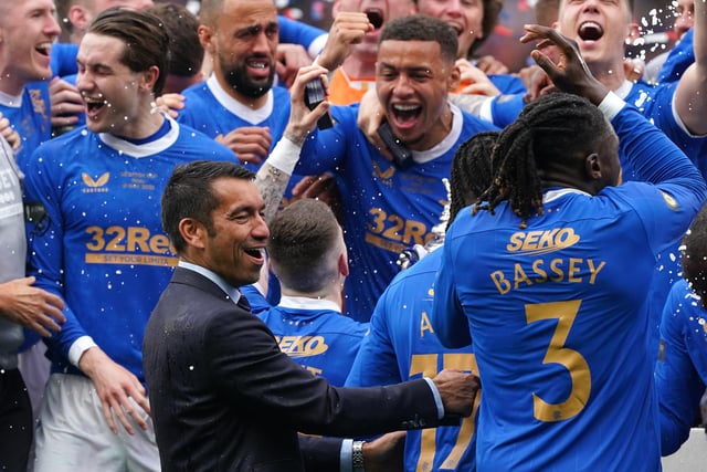 Rangers manager Giovanni van Bronckhorst celebrates following the Scottish Cup final at Hampden Park, Glasgow. Picture date: Saturday May 21, 2022.
