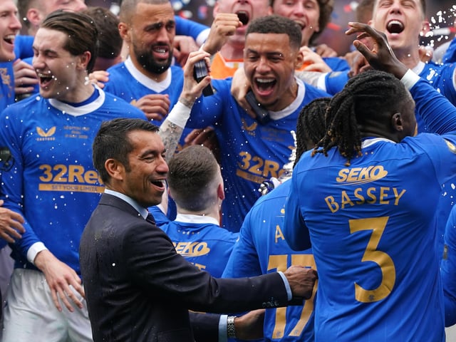 Rangers manager Giovanni van Bronckhorst celebrates following the Scottish Cup final at Hampden Park, Glasgow. Picture date: Saturday May 21, 2022.