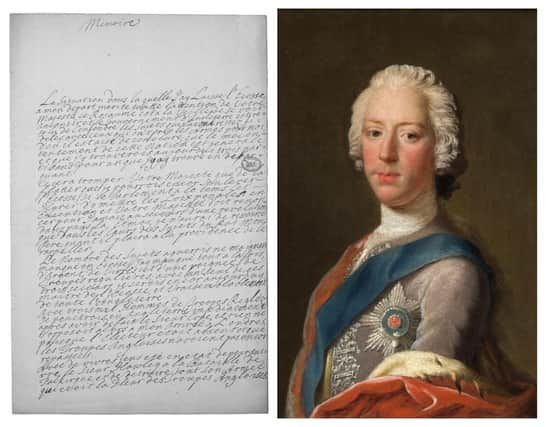 The handwritten letter by Bonnie Prince Charlie in which he asks Louis XVI for 20,000 soldiers to continue the 1745 Rising. PIC: Courtesy of Birlinn Books.