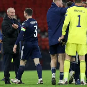 Scotland manager Steve Clarke shakes hands with Andy Robertson of Scotland after his team's shoot-out victory v Israel (Photo by Ian MacNicol/Getty Images)