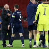 Scotland manager Steve Clarke shakes hands with Andy Robertson of Scotland after his team's shoot-out victory v Israel (Photo by Ian MacNicol/Getty Images)