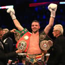 Josh Taylor celebrates victory over Regis Prograis after a brutal fight at The O2 Arena in London. Picture: Stephen Pond/Getty Images