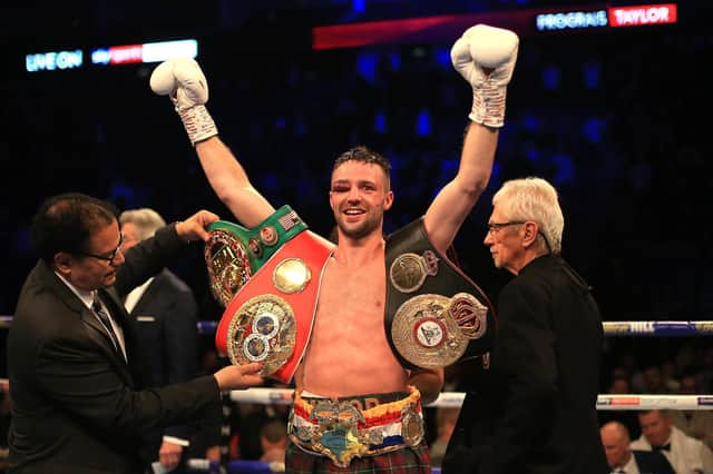 Josh Taylor celebrates victory over Regis Prograis after a brutal fight at The O2 Arena in London. Picture: Stephen Pond/Getty Images