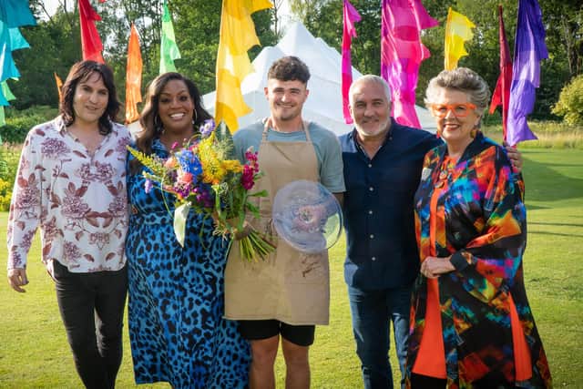 Winner Matty with Bake Off presenters and judges Noel Fielding, Alison Hammond, Paul Hollywood and Prue Leith. Credit: Channel 4.