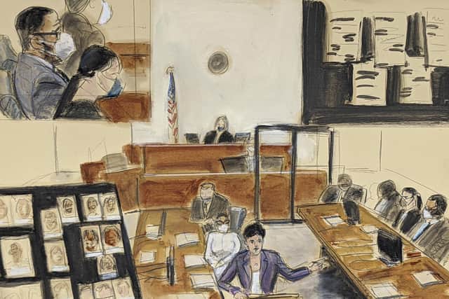 In this illustration drawn from a video feed, assistant district attorney Nadia Shihata presents her rebuttal statement to the jury during R. Kelly's sex trafficking trial.