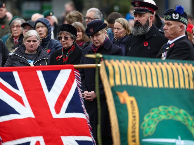 Veterans and serving members of the armed forces gather to commemorate and pay respect to the sacrifice of service men and women who fought in the two World Wars and subsequent conflicts on November 10, 2024 in Fort William