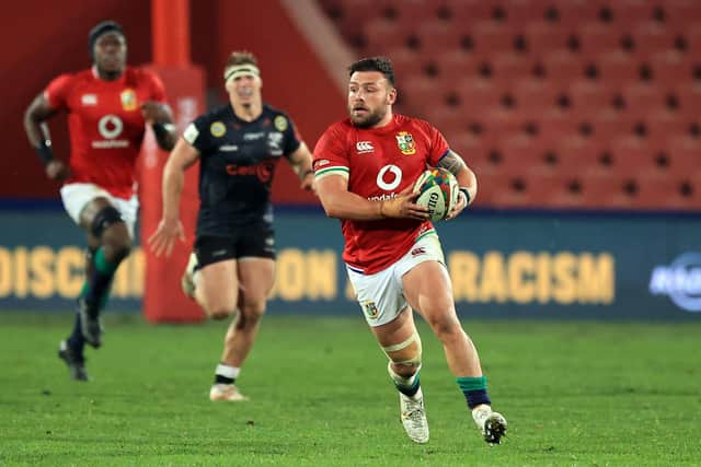 Rory Sutherland on the rampage after coming on as a second-half substitute for the Lions. Picture: David Rogers/Getty Images