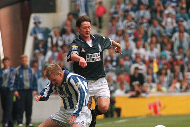 Kevin McAllister runs at  Kilmarnock's defence during the 1997 Scottish Cup Final, at Ibrox. The teams will meet again in the winger's honour in  pre-season friendly at Falkirk on Friday night.