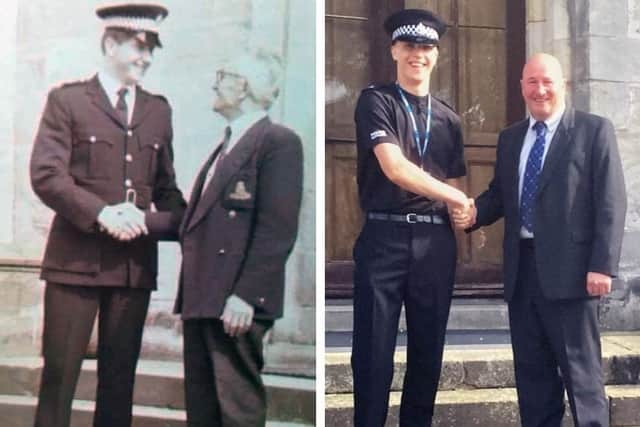 Kenny Houston is congratulated by grandfather Tommy Matthewson at his passing-out parade at Tulliallan Police College, Dunfermline, in 1978, left, a moment Kenny recreated at son Jack’s own passing-out parade in 2016