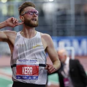 Josh Kerr of Great Britain sets the world record at 8:00.67 winning the Dr. Sander Men's 2 Mile during the 116th Millrose Games at The Armory Track on February 11, 2024 in New York City.