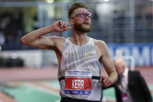 Josh Kerr of Great Britain sets the world record at 8:00.67 winning the Dr. Sander Men's 2 Mile during the 116th Millrose Games at The Armory Track on February 11, 2024 in New York City.