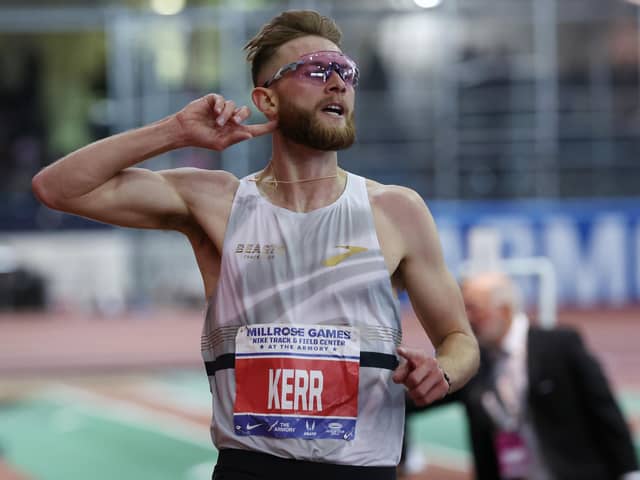 Josh Kerr of Great Britain sets the world record at 8:00.67 winning the Dr. Sander Men's 2 Mile during the 116th Millrose Games at The Armory Track on February 11, 2024 in New York City.