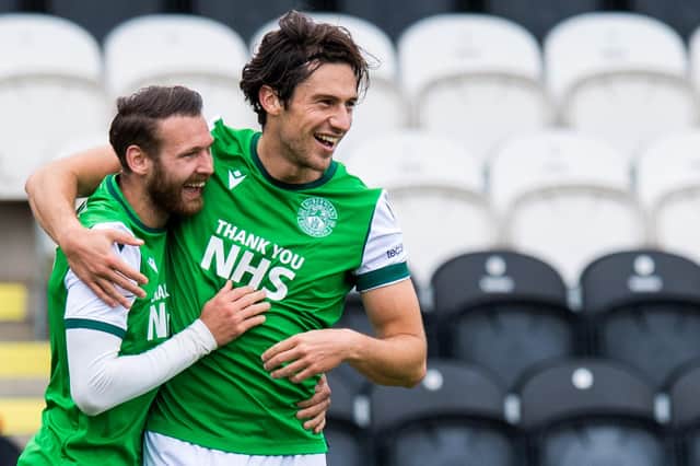 Joe Newell (R) celebrates with team-mate Martin Boyle after scoring Hibs' second goal in their victory over St Mirren, back in September. Photo by Ross Parker / SNS Group