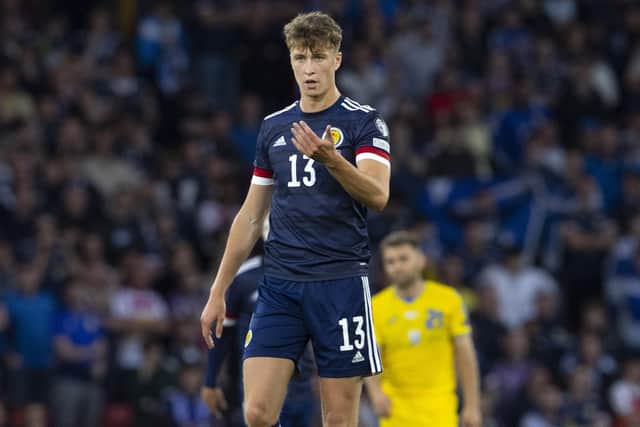 Jack Hendry in action for Scotland during a the match against Ukraine.
