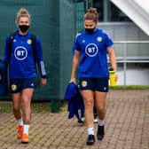 EDINBURGH, SCOTLAND - OCTOBER 20: Nicola Docherty (L) and Hannah Godfrey during a Scottish women's training session at the Oriam on October 20, 2020, in Edinburgh, Scotland. (Photo by Ross MacDonald / SNS Group)