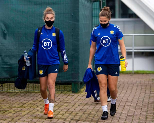 EDINBURGH, SCOTLAND - OCTOBER 20: Nicola Docherty (L) and Hannah Godfrey during a Scottish women's training session at the Oriam on October 20, 2020, in Edinburgh, Scotland. (Photo by Ross MacDonald / SNS Group)