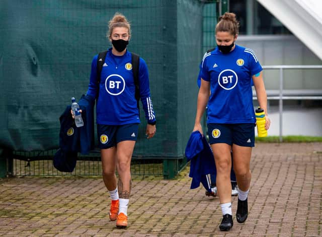EDINBURGH, SCOTLAND - OCTOBER 20: Nicola Docherty (L) and Hannah Godfrey during a Scottish women's training session at the Oriam on October 20, 2020, in Edinburgh, Scotland. (Photo by Ross MacDonald / SNS Group)