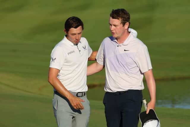 Matthew Fitzpatrick congratulates Bob MacIntyre after his play-off win at the 2023 Ryder Cup venue. Picture: Andrew Redington/Getty Images.