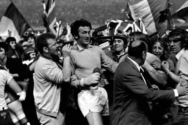 Rangers goalkeeper Peter McCloy is mobbed by jubilant supporters at the end of the 1972 Cup Winners' Cup Final in Barcelona. (Photo by SNS Group).