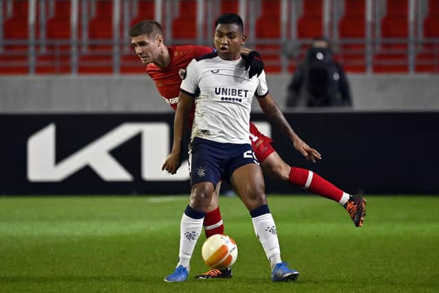 Alfredo Morelos and Antwerp's Maxime Le Marchand fight for the ball (Photo by DIRK WAEM/BELGA/AFP via Getty Images)