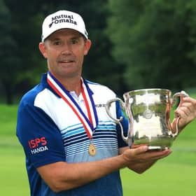 Padraig Harrington poses with the trophy after winning the US Senior Open at Saucon Valley Country Club in Bethlehem, Pennsylvania. Picture: Sam Greenwood/Getty Images.