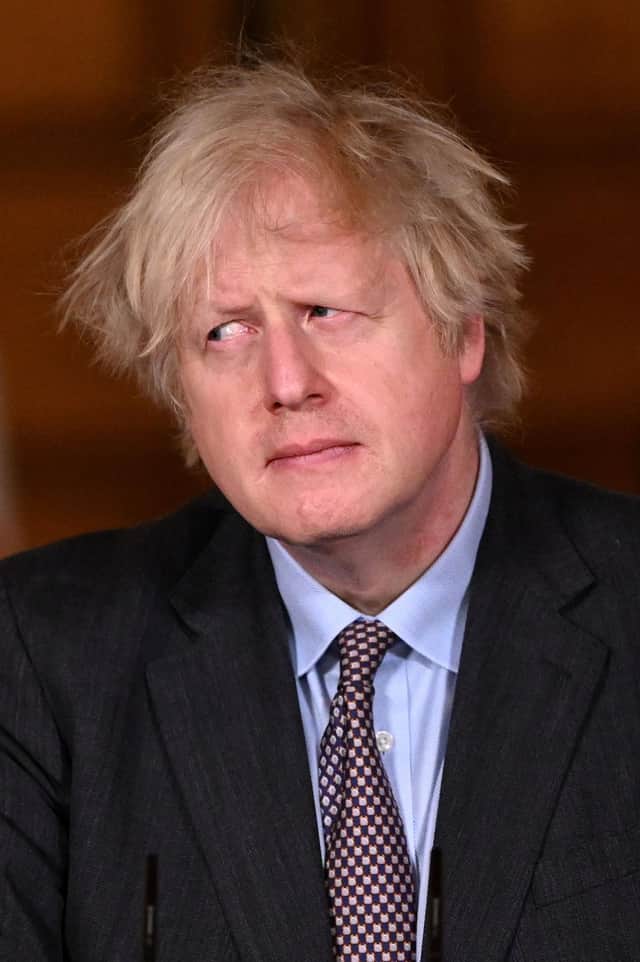 British Prime Minister Boris Johnson during a televised press conference at 10 Downing Street on February 22, 2021 in London, England (Photo by Leon Neal - WPA Pool/Getty Images).