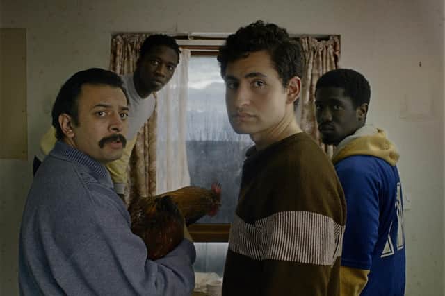 Asylum seekers spending their days in Limbo, awaiting letters to tell them if their applications have been accepted: Vikash Bhai as Farhad, Kwabena Ansah as Abedi, Amir El-Masry as Omar and Ola Orebiyi as Wasef.