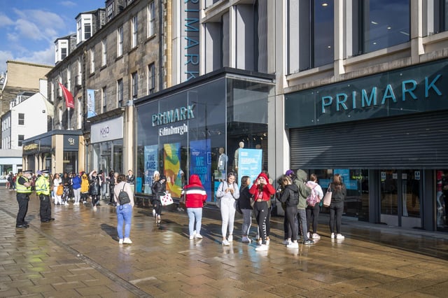 People queue outside the flagship Scottish Primark store on Princes Street in Edinburgh after it reopened following the initial spring 2020 lockdown. Picture: Jane Barlow/PA Wire