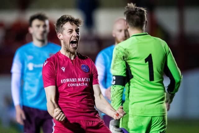 Brora's Martin MacLean celebrates last season's giant-killing against Hearts. (Photo by Ross Parker / SNS Group)