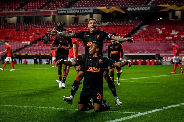 Alfredo Morelos celebrates his record-breaking 22nd European goal for Rangers in the dramatic 3-3 draw against Benfica in Lisbon. (Photo by PATRICIA DE MELO MOREIRA/AFP via Getty Images)