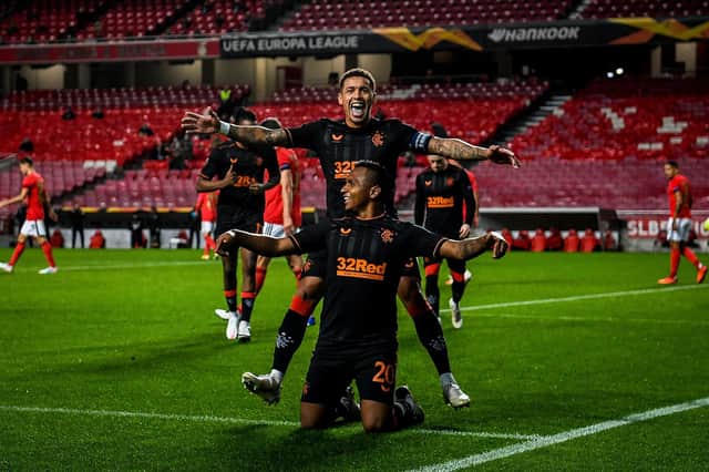 Alfredo Morelos celebrates his record-breaking 22nd European goal for Rangers in the dramatic 3-3 draw against Benfica in Lisbon. (Photo by PATRICIA DE MELO MOREIRA/AFP via Getty Images)