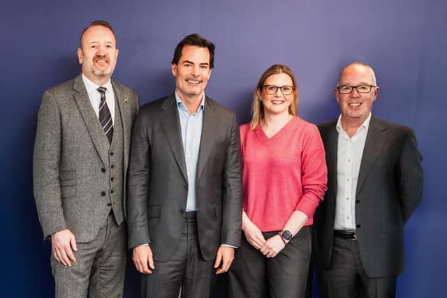 Alan Johnston of City Gate Aberdeen (extreme left of picture) and Colin MacLennan of Albyn Associates (to the extreme right) join Fairstone CEO Steven Cooper and Shona Lowe, managing director for Fairstone’s Scotland and Northern Ireland region, at the opening of the new Fairstone hub in Aberdeen.