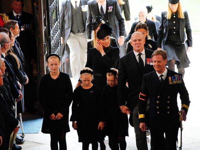 Savannah Phillips (left) Zara Tindall (centre) and Ilsa Phillips (second left), Lena Tindall and Mike Tindall (second right) arrive at the Committal Service for Queen Elizabeth II held at St George's Chapel in Windsor Castle, Berkshire. Picture date: Monday September 19, 2022.