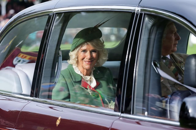 Camilla, Duchess of Cornwall departs the Braemar Highland Gathering at the Princess Royal & Duke of Fife Memorial Park