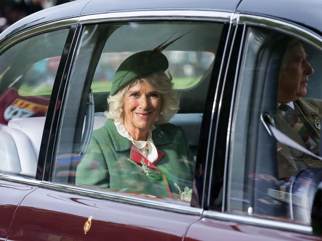 Camilla, Duchess of Cornwall departs the Braemar Highland Gathering at the Princess Royal & Duke of Fife Memorial Park