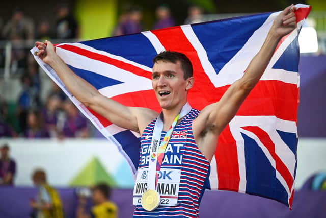 Britain's Jake Wightman celebrates his World Championships gold at Hayward Field. (Photo by BEN STANSALL/AFP via Getty Images)