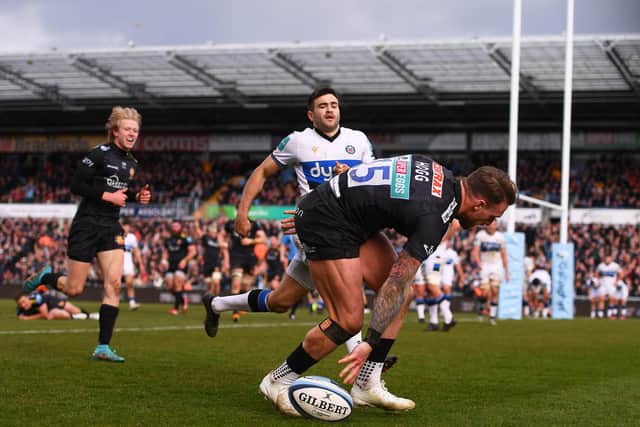 Stuart Hogg was in try-scoring form as Exeter Chiefs beat Bath last weekend. Exeter face Munster in the Champions Cup. (Photo by Harry Trump/Getty Images)
