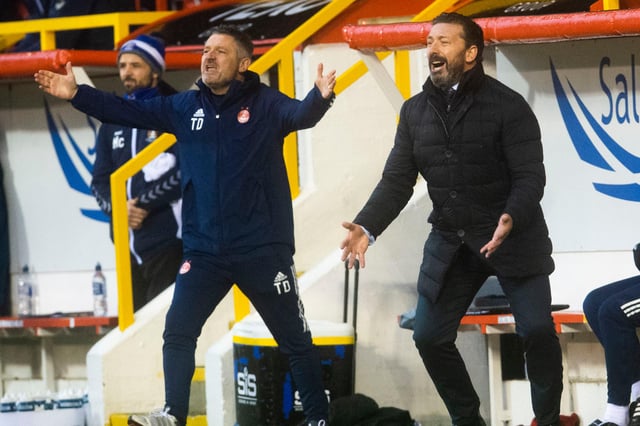 Derek McInnes, right, and Tony Docherty urge Aberdeen on against Kilmarnock.