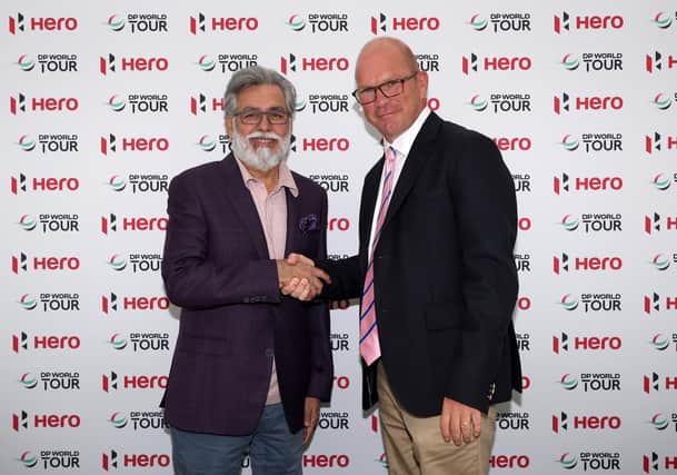 Dr Pawan Munjal, Chairman and CEO of Hero MotoCorp, shake hands with Guy Kinnings, European Ryder Cup Director and the DP World Tour’s Deputy CEO and Chief Commercial Officer, at the launch of the new Hero Cup. The company has also now become the title Dubai Desert Classic title partner. Picture: Warren Little/Getty Images.