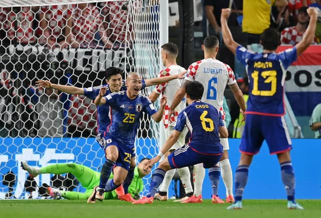 Celtic's Daizen Maeda celebrates after scoring for Japan in their World Cup last 16 tie against Croatia at Al Janoub Stadium, Qatar. (Photo by Dan Mullan/Getty Images)