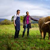 The Highland cows at Achinreir Farm and Highland cow farmer, Jane Isaacson, and the hotel’s head chef, Michael Leathley