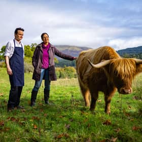 The Highland cows at Achinreir Farm and Highland cow farmer, Jane Isaacson, and the hotel’s head chef, Michael Leathley