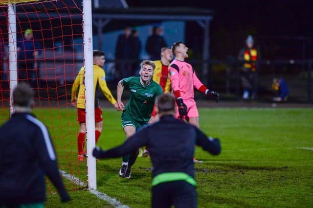 University of Stirling midfielder Euan McGill celebrates scoring the winner in the previous round against Albion Rovers. Pic: George Vekic