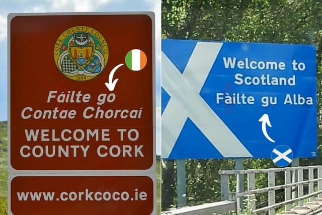 An example of the similarity between Scottish Gaelic and Irish. Both write "welcome to-" almost identically but note the small differences in letters and accent marks.