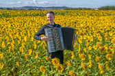 Accordionist Ryan Corbett, from Milngavie, plays in a field of sunflowers at Balgone, East Lothian, for the launch of the classical music Lammermuir Festival which opens on September 7 across East Lothian. Picture date: Wednesday August 30, 2023.