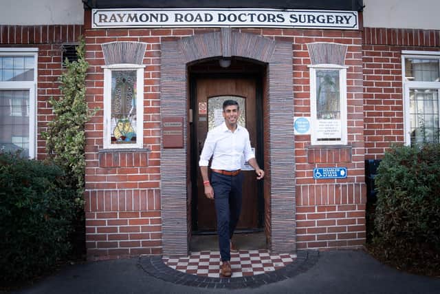 Former Chancellor to the Exchequer and Conservative leadership contender Rishi Sunak visits his father's old doctors surgery where he was a GP. Picture: Stefan Rousseau-Pool/Getty Images